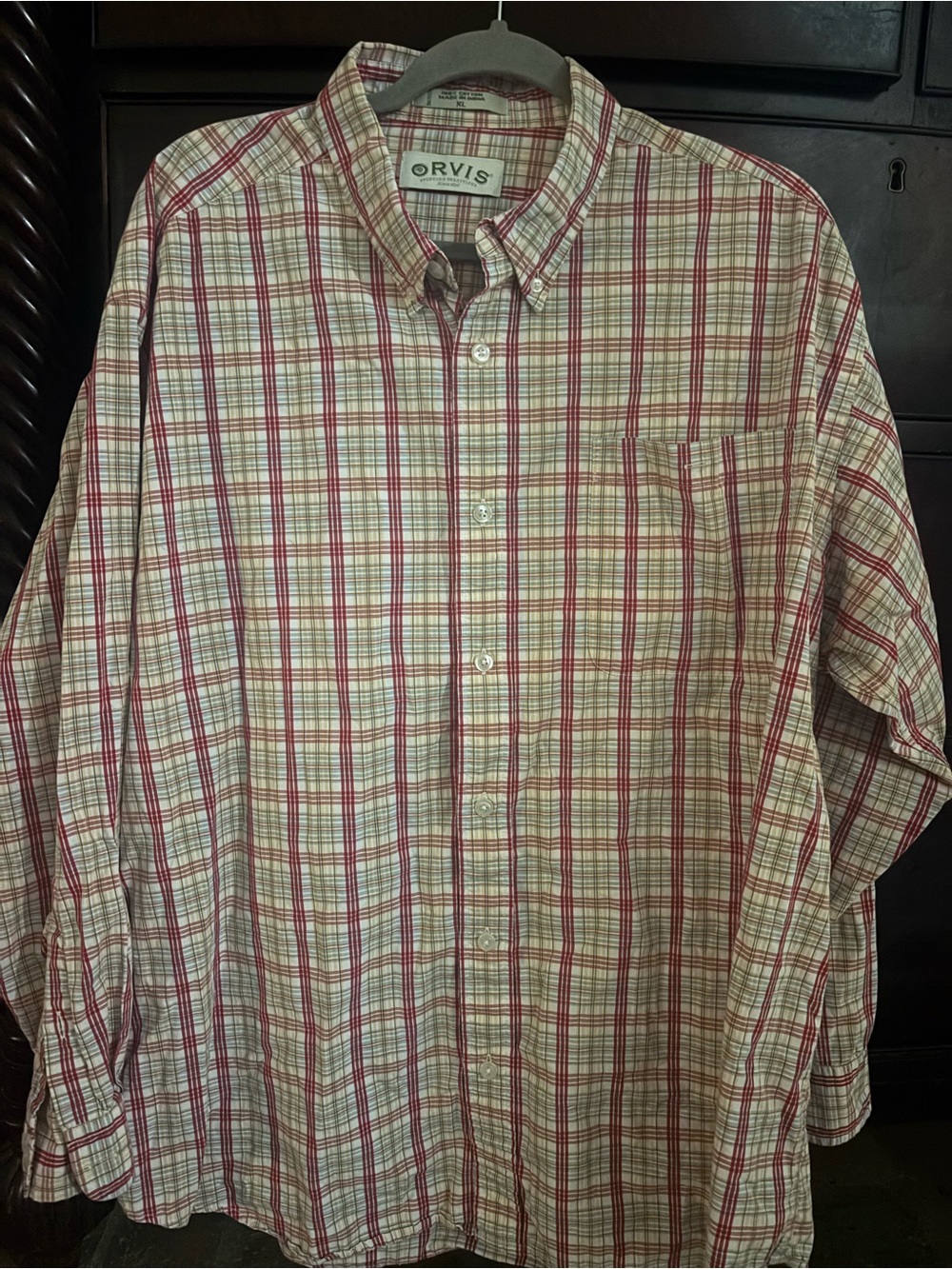 Orvis Men's Red and Cream Plaid Button-Down Shirt